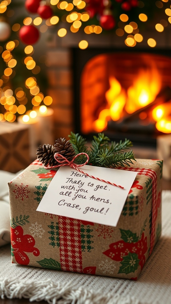 Creative Christmas Gift Notes Ideas A wrapped Christmas gift with a note, decorated with ribbons and holiday lights.